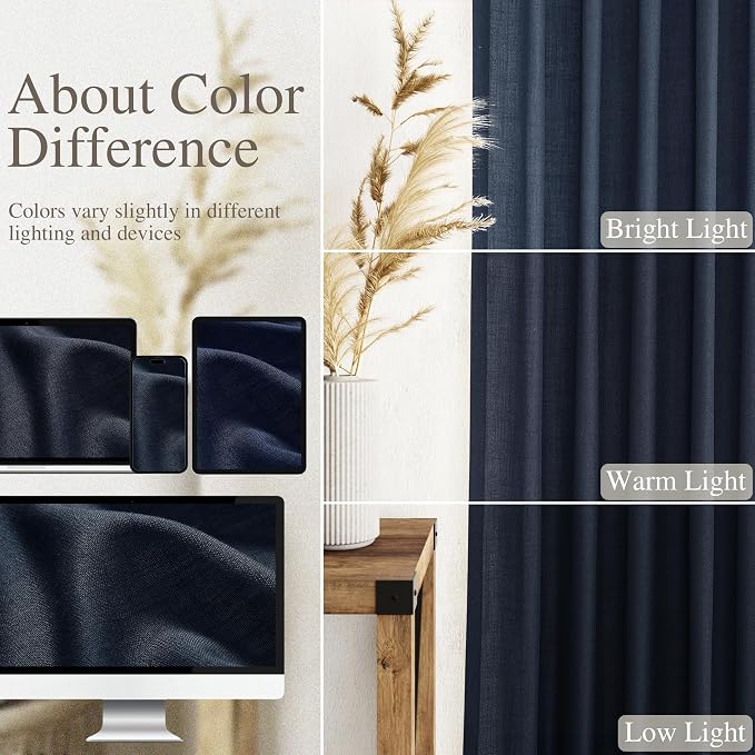 Nanspring Navy Blue Linen Curtains 63 Inches Length 2 Panels Set - Image 4