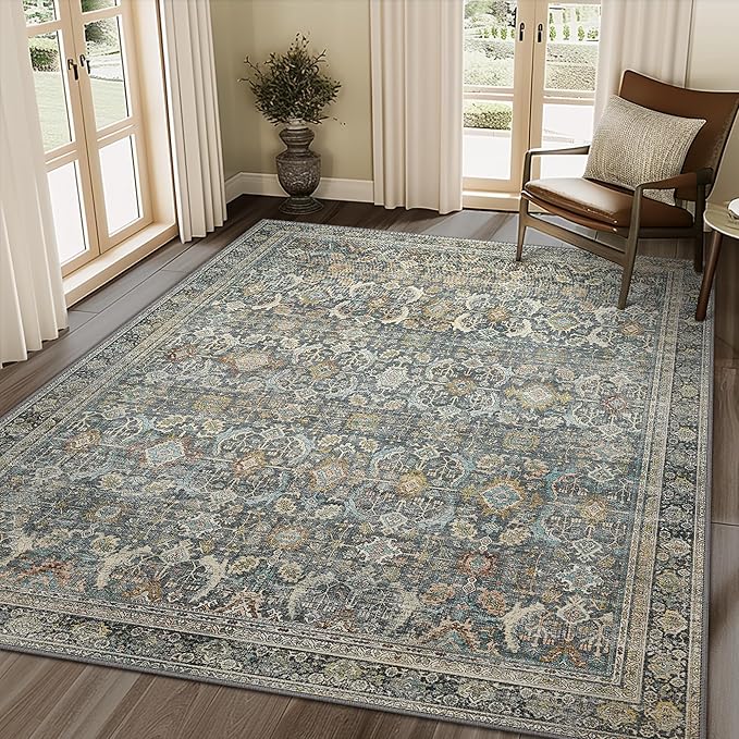 5X7 Area Rugs Machine Washable Rugs for Living Room, Vintage Boho Large Rugs for Bedroom Dining Room, Non Slip Indoor Soft Distressed Lightweight Thin Low Pile Carpet, Terracotta