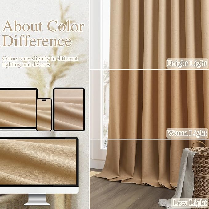 Guken Camel Brown 100% Blackout Linen Curtains 102 Inch Length 2 Panels Set - Image 7
