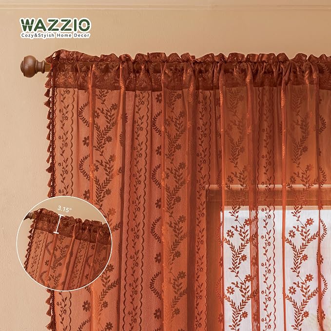 WAZZIO Boho Lace Curtains 72 Inch 2 Panels-Vintage Sheer Panel Drape Floral - Image 7