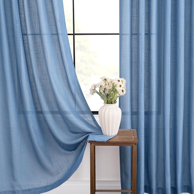 Denim Blue Curtains for Living Room Back Tab Modern Farmhouse Semi Sheer Blue - Image 3