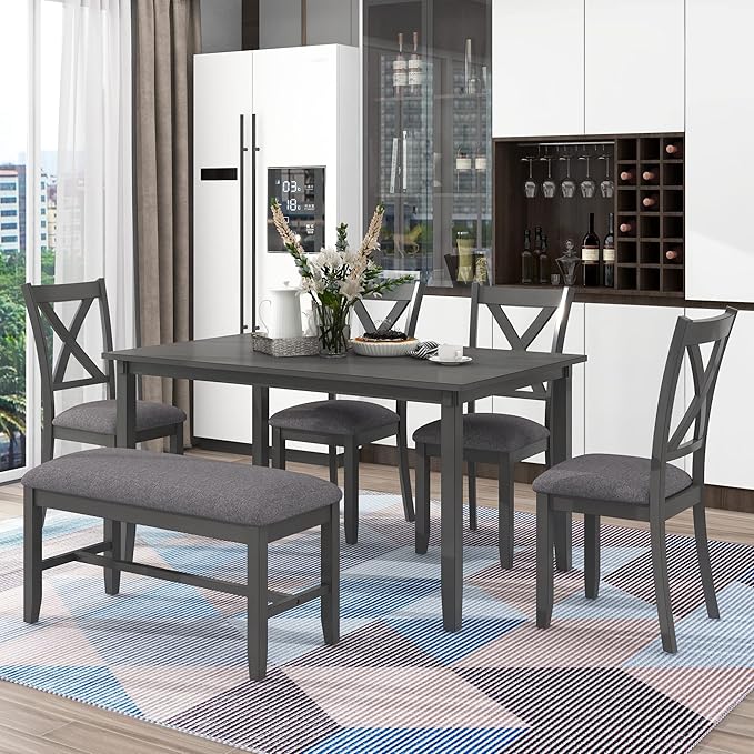 Merax 6-Piece Kitchen Dining Table Set Wooden Rectangular Dining Table, 4 Dining Chair and Bench Family Furniture for 6 People, Grey