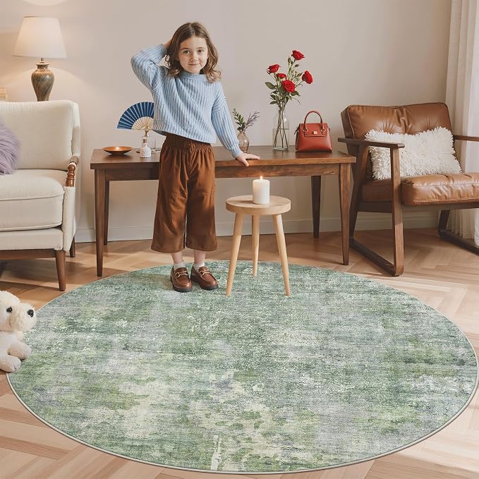 6x6 Green/Ivory Round Rug 6ft Living Room Circle Rug Vintage Round Area Rug Non - Image 3