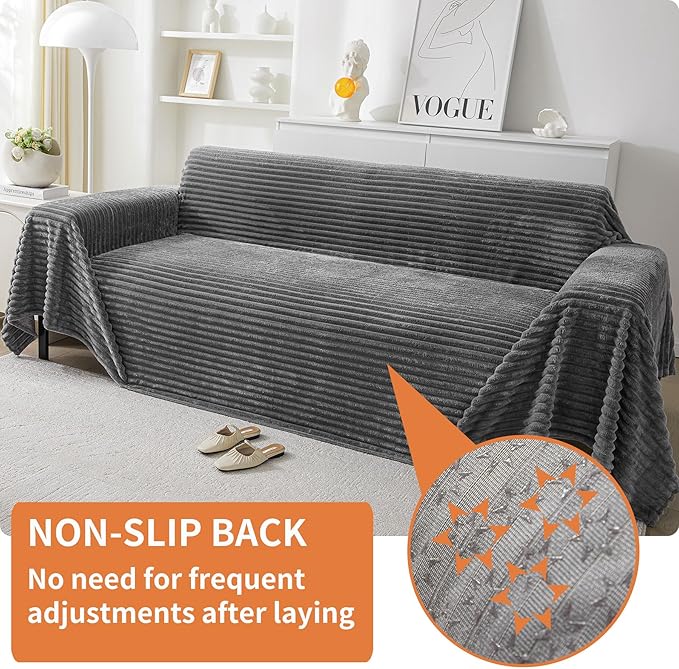 HAOMAIJIA Faux Fur Sofa Covers Couch Covers for 3 Cushion Couch Sofa Pet Friendly Soft Non Slip Couch Cover for Dogs Washable Sectional Couch Covers L Shape Furniture Protector (Grey, 91"x150")