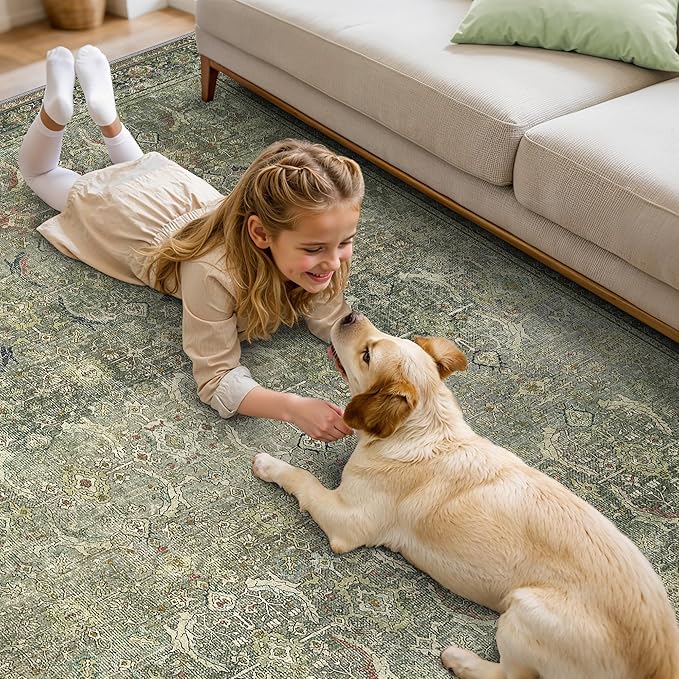 5X7 Area Rugs Machine Washable Rugs for Living Room, Vintage Boho Large Rugs for Bedroom Dining Room, Non Slip Indoor Soft Distressed Lightweight Thin Low Pile Carpet, Green