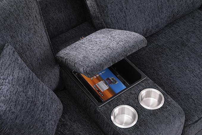 L-Shaped Sectional Couch for Living Room with Movable Ottoman&6 Throw Pillows,7 Seat Chenille Upholstered Sofa W/2 Cup Holder,USB Port&Hidden Storage Box,DIY Combination,Apartment,Dark Gray,127"