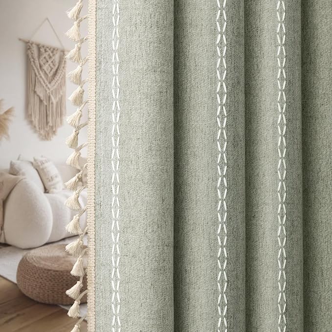 Boho Blackout Curtains 96 Inches Long Sage Green Linen Blend 2 Panels - Image 9
