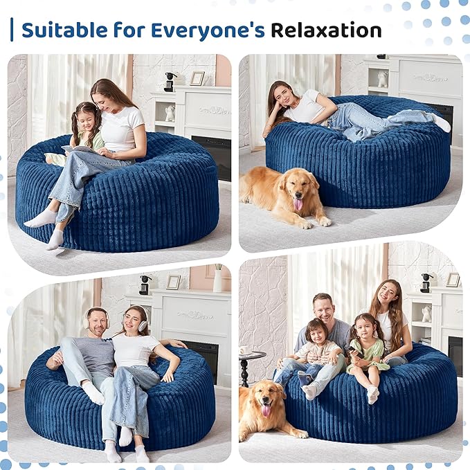 HABUTWAY 4FT Bean Bag Chair, 4' Large Bean Bag Chairs for Adults with Removable Stripe Plush Cover, Memory Foam Beanbag Chair for Living Room Bedroom Dorm (Blue)