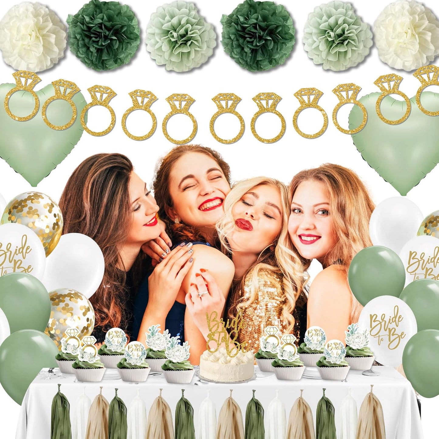 Sage Green Bridal Shower Decorations,Bachelorette Party Decorations, Bride to Be Backdrop, Bridal Shower Balloons, Paper Pom Poms Bride to Be Party Supplies for bridal shower