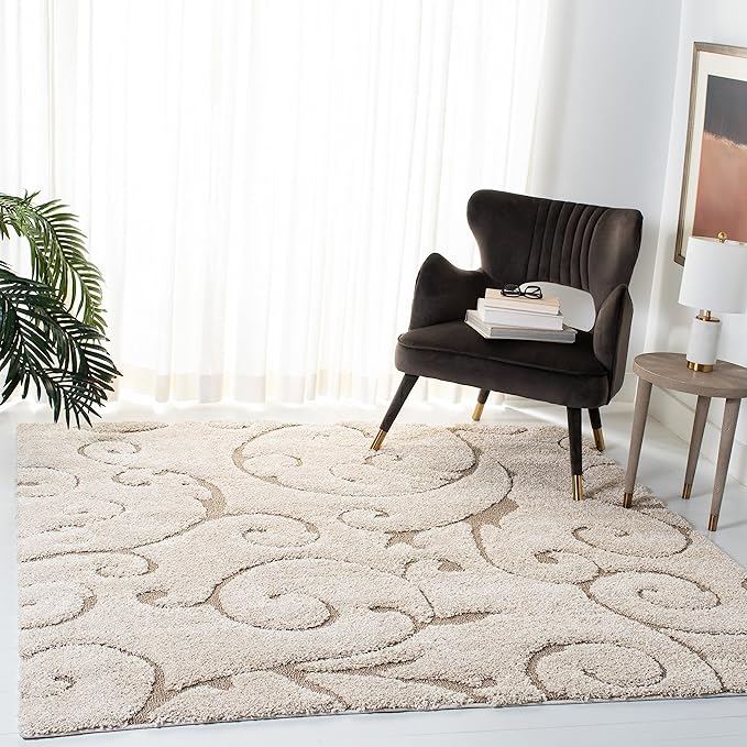 SAFAVIEH Florida Shag Collection Area Rug - 3'3" Square, Cream & Beige, Scroll Design, Non-Shedding & Easy Care, 1.2-inch Thick Ideal for High Traffic Areas in Living Room, Bedroom (SG455-1113)
