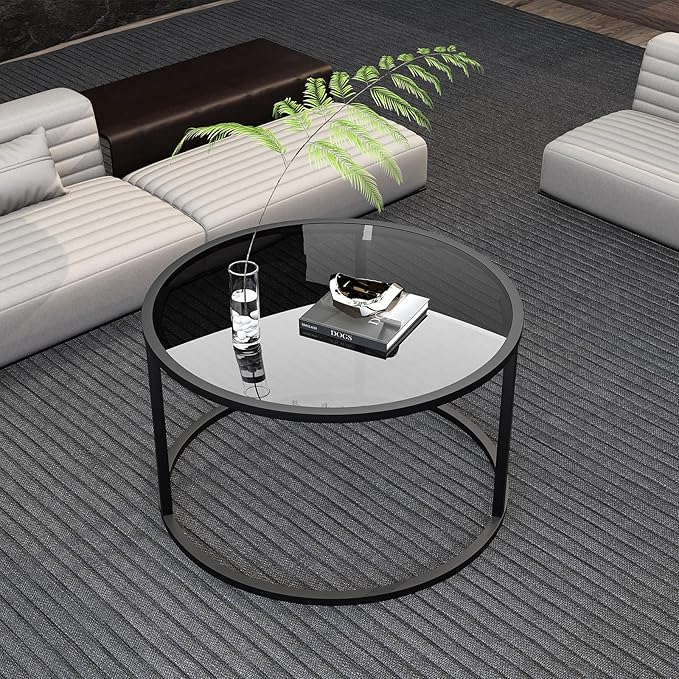 Glass Coffee Table Modern Center Table,Minimalist Round Coffee Tea Table,Tempered Glass-top with Sturdy Metal Frame for Living Room Bedroom Office and Small Space, 27 x 27 x 17 Inch,Gray Black