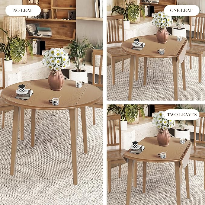 COLAMY 5-Piece Extendable Dining Table Set for 4, 36" Kitchen Round Wood Table with 4 Nailhead Dining Room Chairs,Light Brown/White&Blue Flower