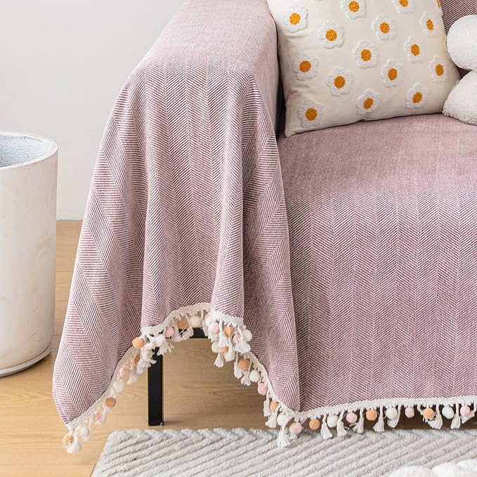 HANDONTIME Solid Boho Sofa Cover for 3 Cushion Couch - Pink-Purple Chenille Throw With Tassels for Dogs, 91" X 134", Mauve