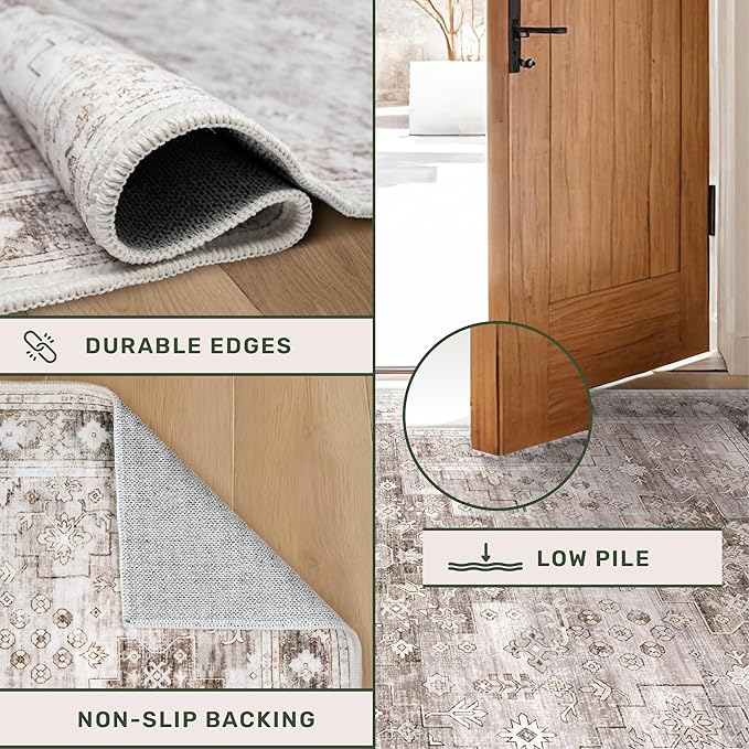 Washable Farmhouse Living Room Rug, 8x10 Area Rugs for Bedroom, Dining Room Under Table Carpet, Kids Room, Large Boho Vintage Non-Slip Floral Rugs Low Pile Stain Resistant (8x10 Beige/Latte)