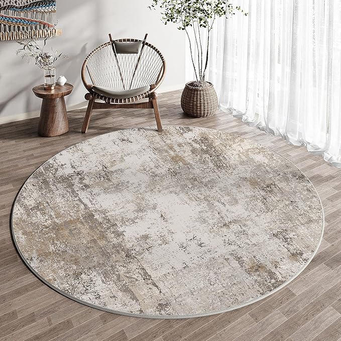 8x8 Washable Round Rug Brown Grey Neutral Abstract Living Room Bedroom Large Area Rug Non Slip Soft Low Pile Indoor Floor Carpet for Dining Room Kitchen Office Entryway