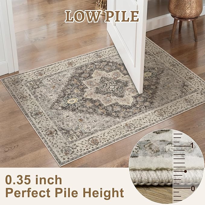 Tangsoo 2x6 Washable Runner Rug for Hallways, Non Slip Vintage Runner, Soft Low Pile Long Rug Runner, Print Distressed Brown/Grey Carpet Runners for Kitchen Bedroom Entryway Bathroom Living Room