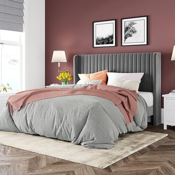 Allewie Full Size Velvet Bed Frame/Vertical Channel Tufted Wingback Headboard/Upholstered Platform Bed/Strong Wooden Slats/No Box Spring Needed/Easy Assembly/Grey