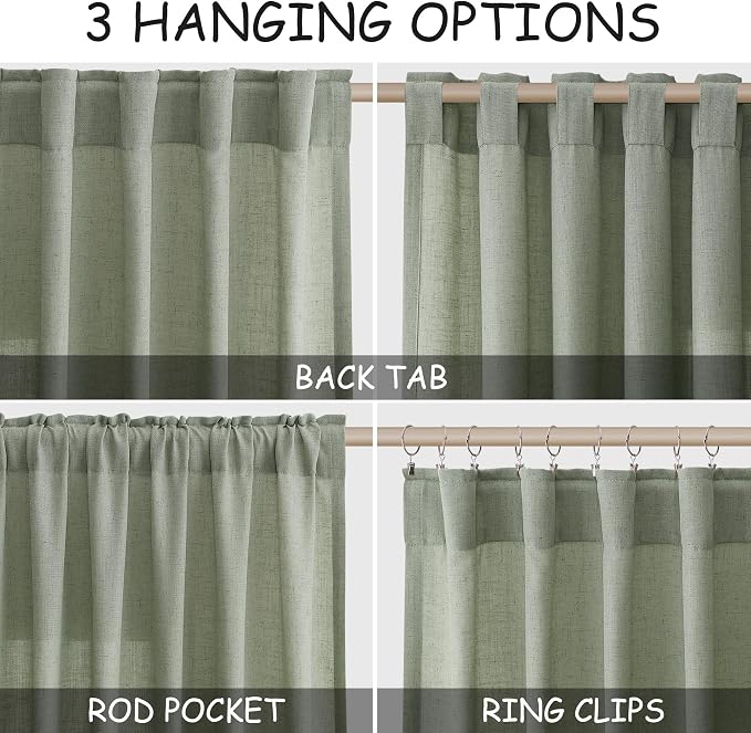 Nanspring Desert Sage Linen Curtains Semi Sheer 96 Inches Long 2 Panels Set - Image 2