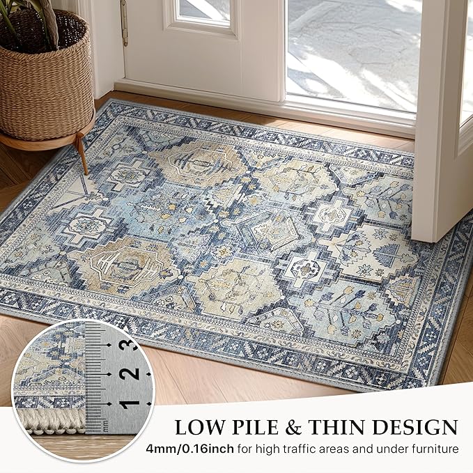 GENIMO 6x9 Area Rugs for Living Room, Machine Washable Non Slip Vintage Rugs, Low Pile Lightweight Chenille Print Rug for Bedroom, Dining Room, Home Office, Brown Blue