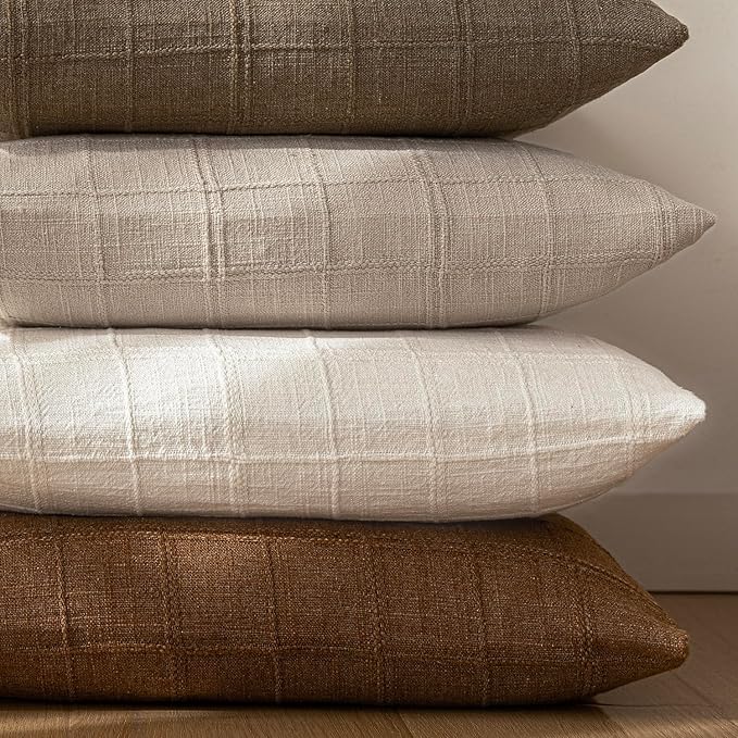 Foindtower Set of 2 Decorative Linen Check Throw Pillow Covers Neutral Farmhouse Vintage Cushion Covers Modern Boho Home Decor For Sofa Chair Couch Bedroom Living Room Outdoor,16×16 Inch,Natural Linen
