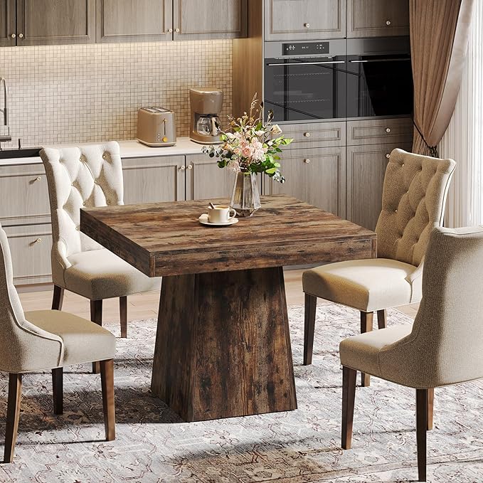 Tribesigns Square Dining Table for 4, 31.5-Inch Small Kitchen Table with Sturdy Pedestal Base, Farmhouse Dinner Table for Dining Room, Living Room, Kitchen (Vintage Brown)