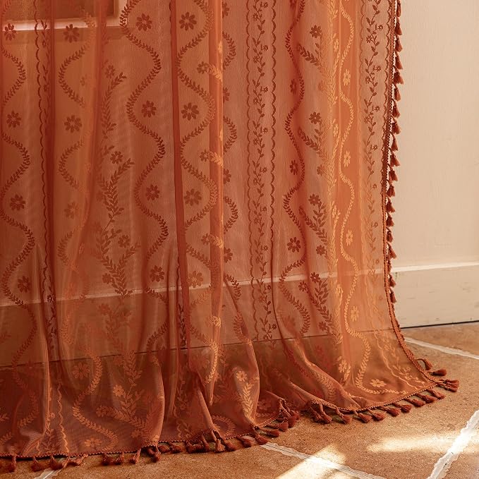 WAZZIO Boho Lace Curtains 108 Inch 2 Panels-Vintage Sheer Panel Drape Floral - Image 7