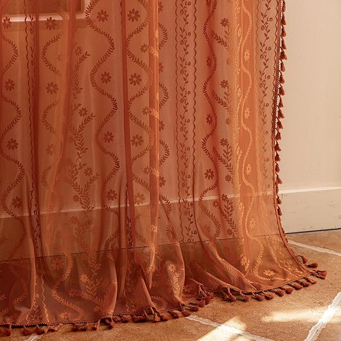 WAZZIO Boho Lace Curtains 102 Inch 2 Panels -Vintage Sheer Panel Drape Floral - Image 6