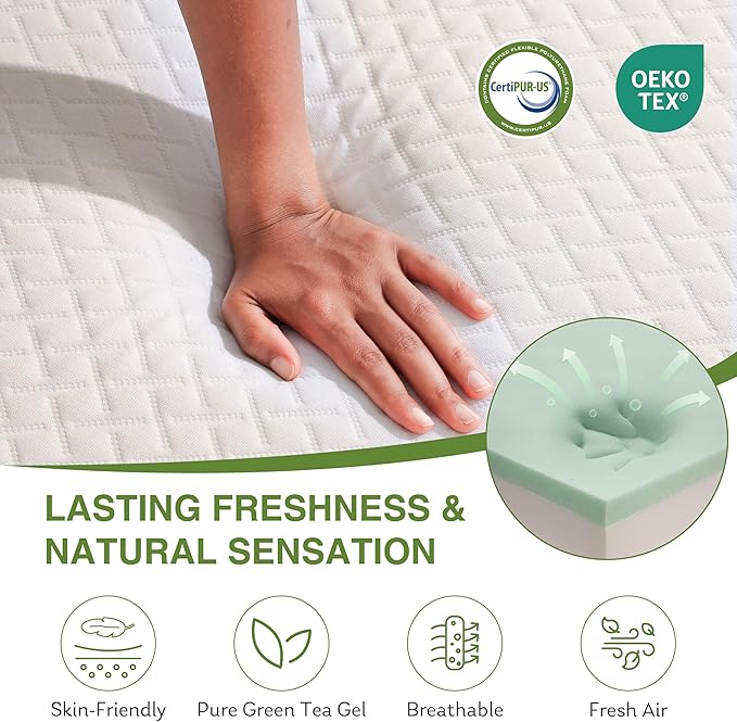 Twin XL Memory Foam Mattress, 10 Inch Bed Mattress in a Box with Cooling Green Tea Gel, Relieve Pressure with Medium Support, CertiPUR-US Certified, 80''L x 38''W, White