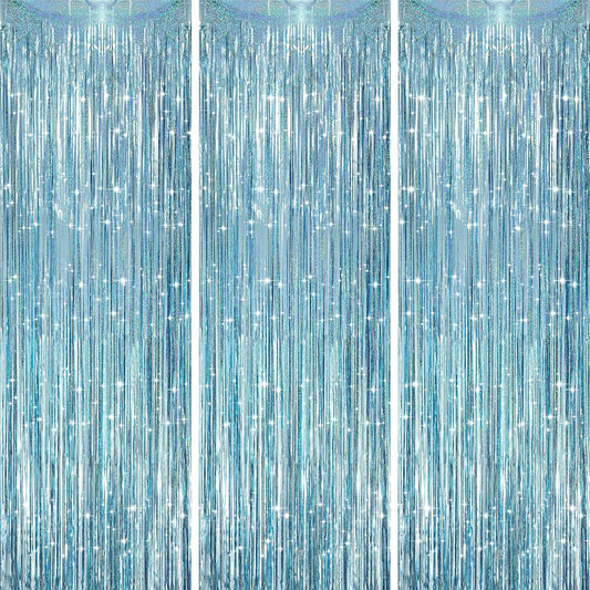 3 Pack 3.3 x 8.2 ft Laser Blue Foil Fringe Backdrop Curtains, Tinsel Streamers Party Decorations, Fringe Backdrop
