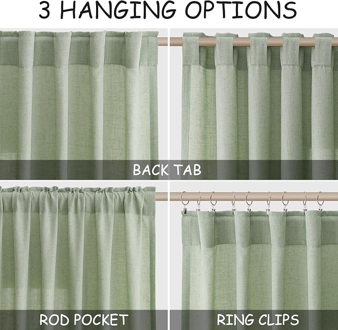 Nanspring Mist Sage Linen Curtains Semi Sheer 96 Inches Long 2 Panels Set - Image 2