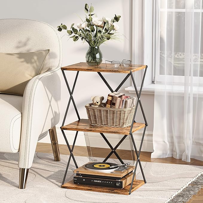 3-Tier End Table Set of 2 Small Side Table Tall Bedside Night Stand with Storage Sofa Side desks for Living Room Bedroom Office Bathroom Small Space Rustic Brown ET-03RB-2