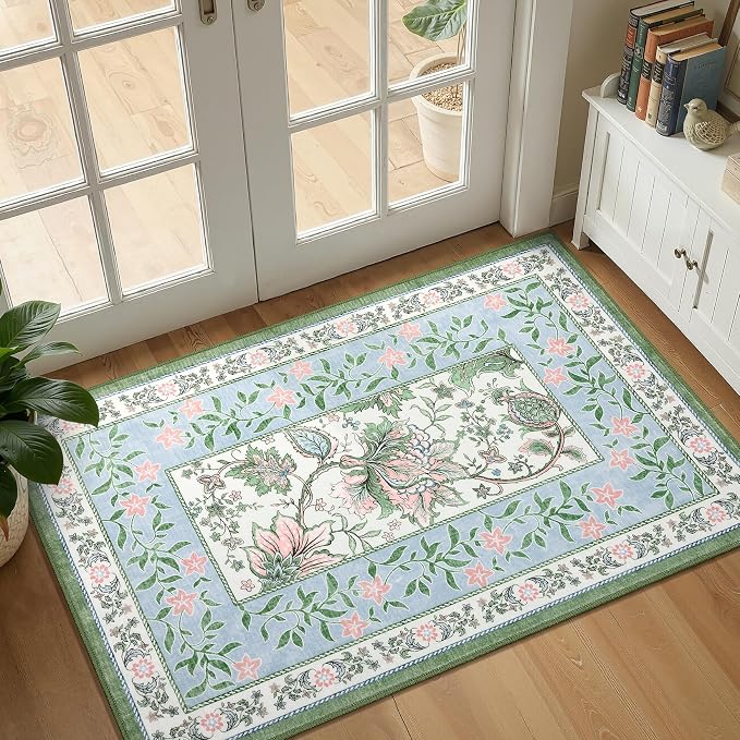 GarveeHome Blue Green Pink Area Rugs 9x12 Living Room, Botanical Grove Cottage - Image 6
