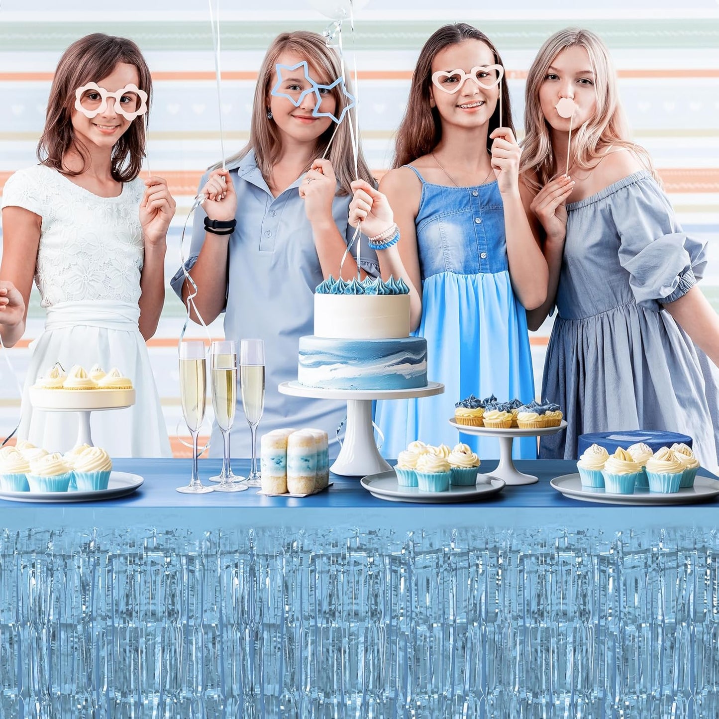 1 Pack Light Blue Table Skirts, 29x108" Metallic Foil Tinsel Fringe Table Skirts for Rectangle Tables Streamer Curtains Backdrop, Party Decorations for Birthdays Weddings Holidays