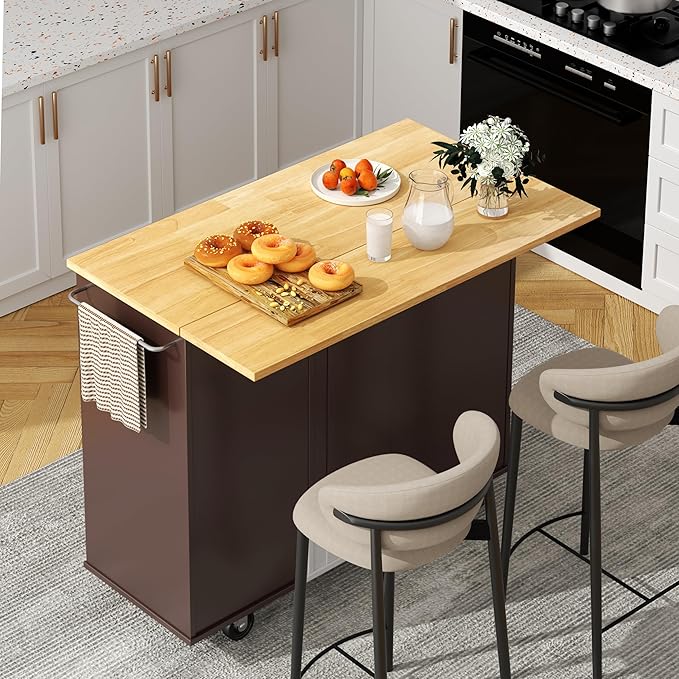 Shintenchi Kitchen Island with Folding Drop Leaf, Rolling Island Table with Storage, Kitchen Cabinet on Wheels with Seating Area for Kitchen, Bar Cart with Cabinet, Brown