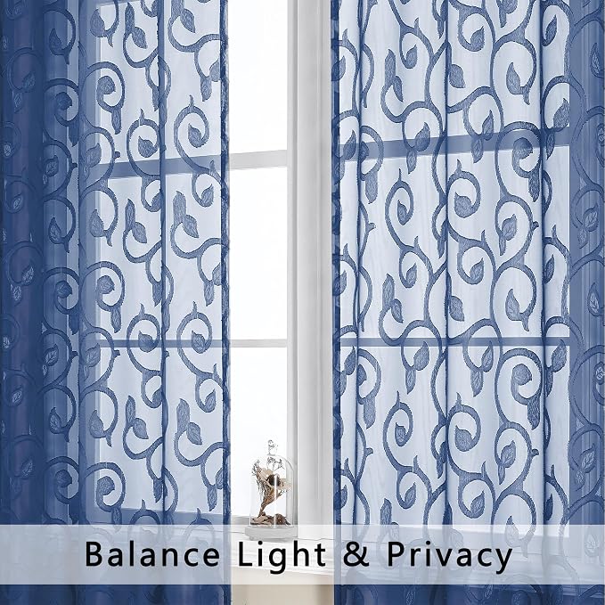 OWENIE Furman Blue Sheer Curtains 54 Inch Length 2 Panels Set - Image 3