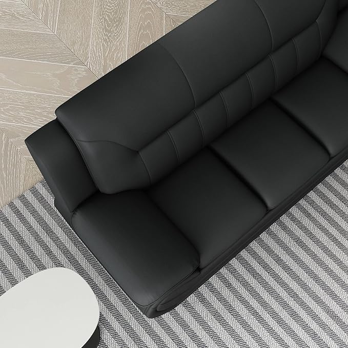 Container Furniture Direct Michael Modern Faux Leather Upholstered Stainless Steel Legs Living Room Sofa, Midnight Black