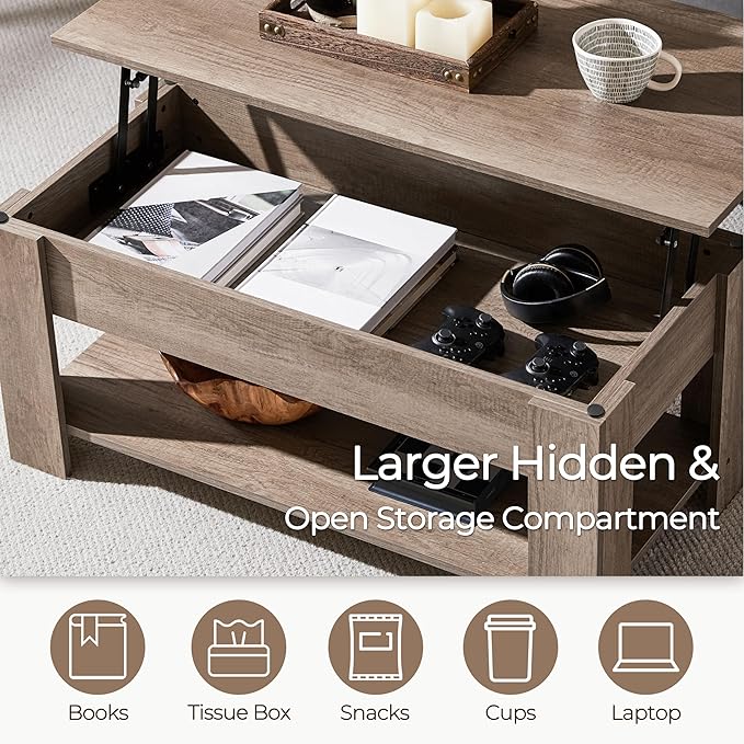 Yaheetech Lift Top Coffee Table with Hidden Compartment and Storage Shelf, Rising Tabletop Dining Table for Living Room Reception Room, 38.6in L, Grey