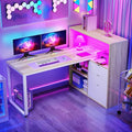 DWVO L Shaped Desk with Drawers, 55" Corner Computer Desk with Bookshelf & Power Outlets & LED Lights, Home Office Desk with Storage Shelves, Oak & White