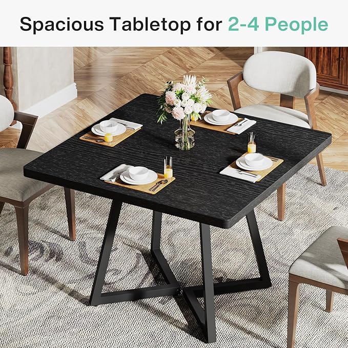 Tribesigns Square Dining Table for 8, 31.5" Industrial Dinner Table with Metal Base, Kitchen Table for Dining Room, Small Space, Apartment, Black