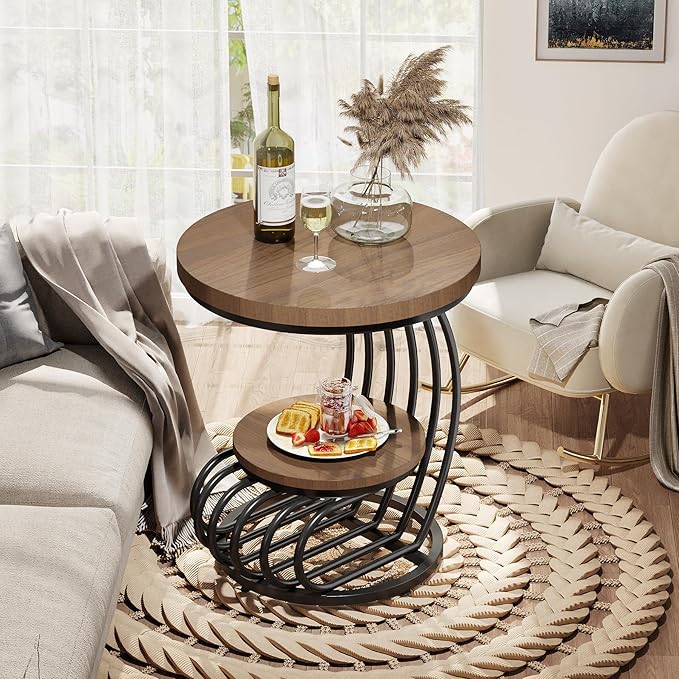 Tribesigns Round End Side Table: 2 Tiers Side Table Set of 2, Vintage End Table for Living Room, Small Bedside Table Accent Table with Arc-Shaped Frame, Light Brown
