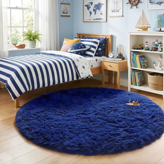 Navy Blue Round Rugs 5Ft for Boys Bedroom, Fluffy Circle Area Rug for Kids by Amdrebio