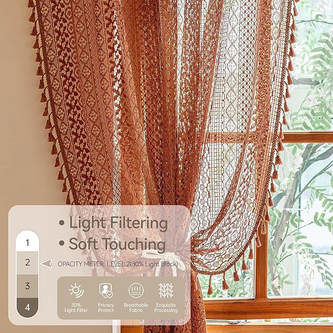 WAZZIO Burnt Orange Curtains Sheer 45 Inch Length Bedroom Short Small Cafe Rod - Image 4