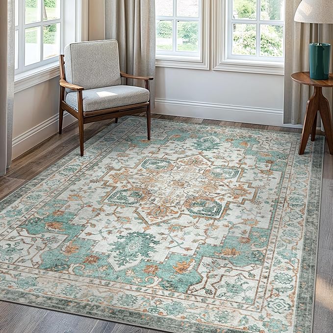 GENIMO 3x5 Area Rugs for Living Room, Machine Washable Non Slip Vintage Rugs, Low Pile Lightweight Chenille Print Rug for Bedroom, Dining Room, Home Office, Cyan