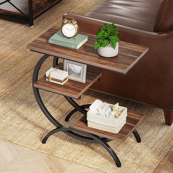 Tribesigns C-Shaped End Table Set of 2, Industrial 3-Tier Small Side Table for Couch, Wood Bedside Table Snack Side Table with Storage Shelves for Living Room Small Space, Rustic Brown
