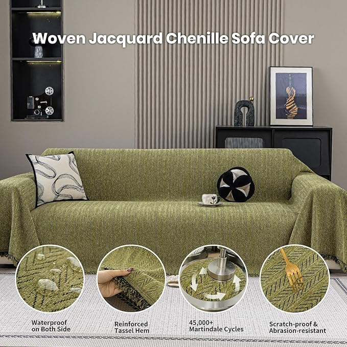 Nobildonna Sofa Cover Washable Soft Thicken Chenille Couch Cover with Tassel,Waterproof Sofa Slipcover for 3-4 Cushion Couch,Sectional Sofa,L-Shaped Furniture Protector Pet-Friendly,Green 71"x134"