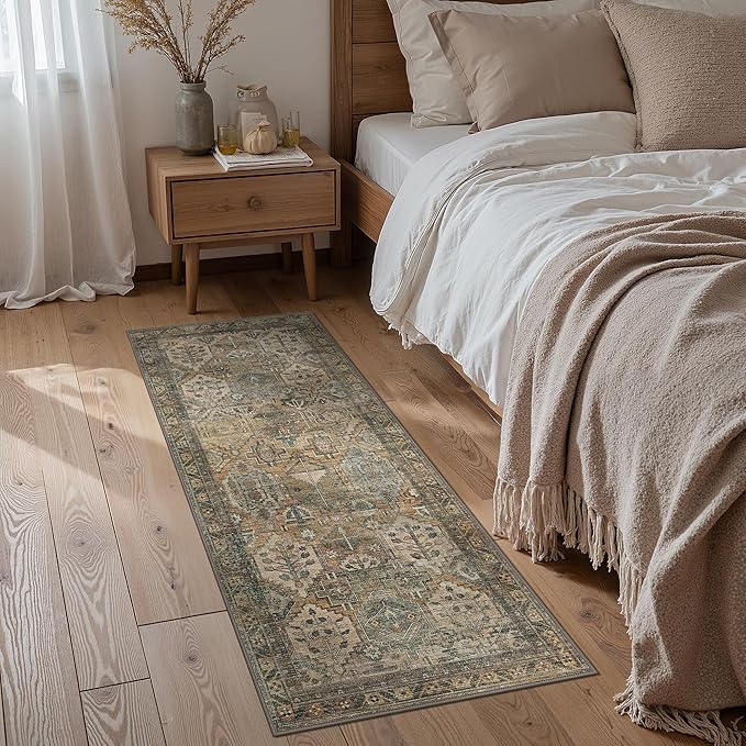 GENIMO 2x8 Runner Rugs for Hallway, Machine Washable Non Slip Vintage Rugs, Low Pile Lightweight Soft Print Rug for enrtyway, Corridor, Home Office, Kitchen, Warm Taupe