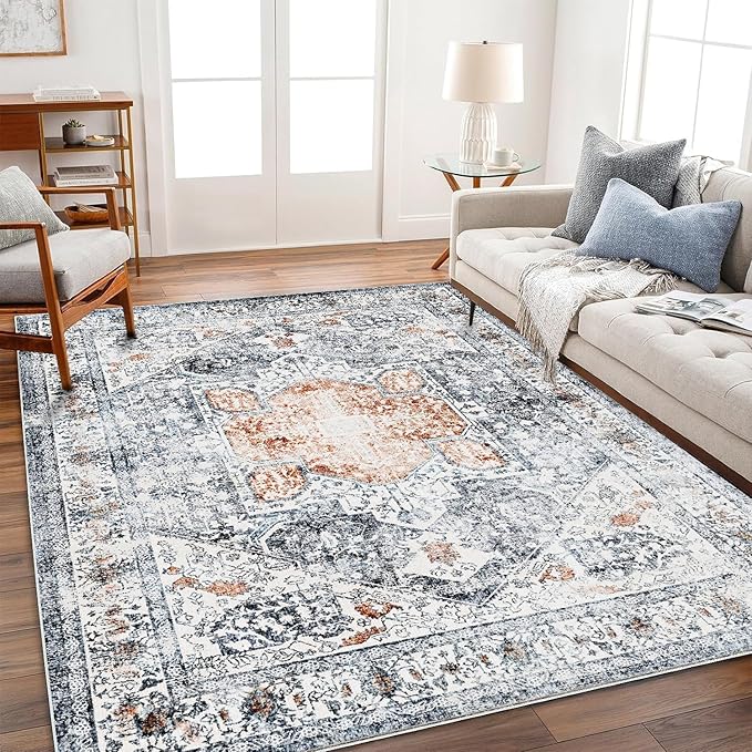 Area Rug 9x12 Washable Orange Gray Vintage Traditional Mat Distressed Indoor Foldable Thin Retro Accent Floral Print Rug Non Slip Carpet Living Room Dining Room Office