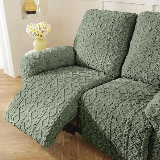 vctops 8 Pieces Geometric Jacquard Plush Recliner Sofa Covers Soft Fuzzy Fluffy 3 Seats Couch Cover Anti-Slip Sofa Slipcover Furniture Protector with Elastic Bottom for Kids Pet(Green,3 Seat)