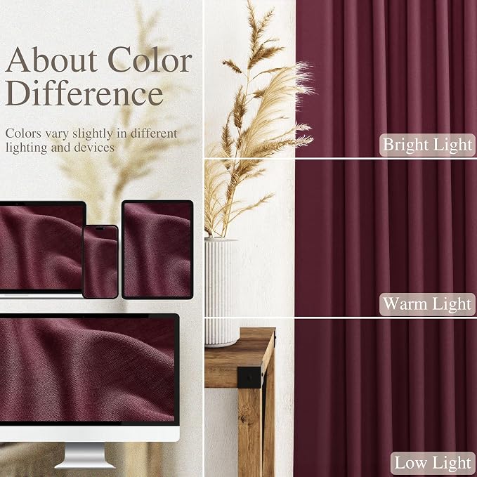 Nanspring Burgundy Linen Curtains 84 Inch Length 2 Panels Set - Image 3