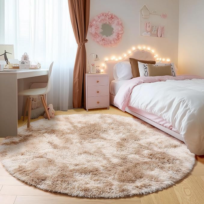 ONASAR Tie-Dye Beige Round Area Rug 4ft, Soft Bedroom Circle Rugs Floor Mats - Image 4